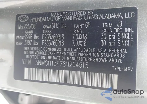 2008 Hyundai Santa Fe Limited/Se from USA, damaged, VIN 5NMSH13E78H204515
